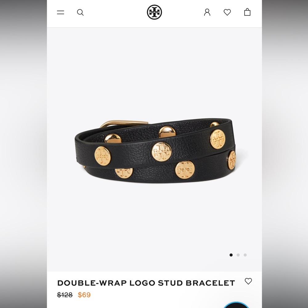 Women's Tory Burch Leather Logo Studded Double Wrap Bracelet in Black and Gold